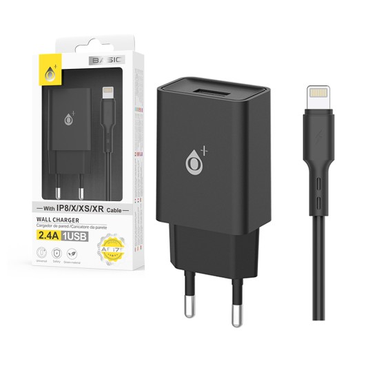 Carregador de Parede EU OnePlus A6175 com Cabo para iPhone 1 USB 5V/2,4 Preto